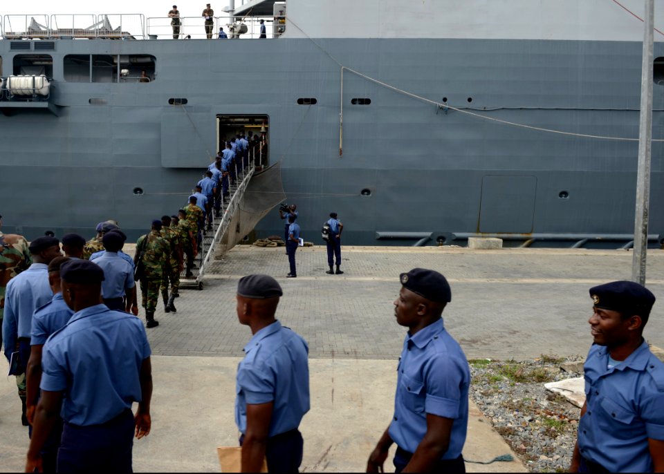 Ghanaian soldiers, sailors and airmen board the Royal Netherlands Navy amphibious transport dock ship HNLMS Rotterdam (L800) Sept 130930-N-CH661-116