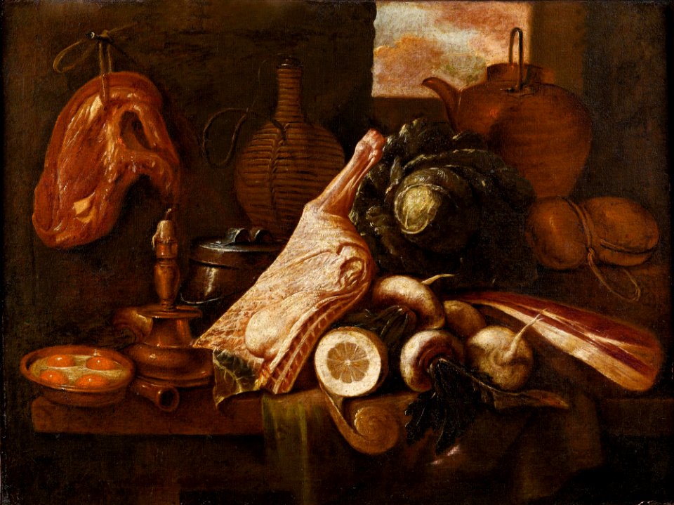 Gian Domenico Valentino (Roma 1639- 7 dicembre 1715) Natura morta di cibo su un tavolo Olio su tela, cm 72,5 x 97,5