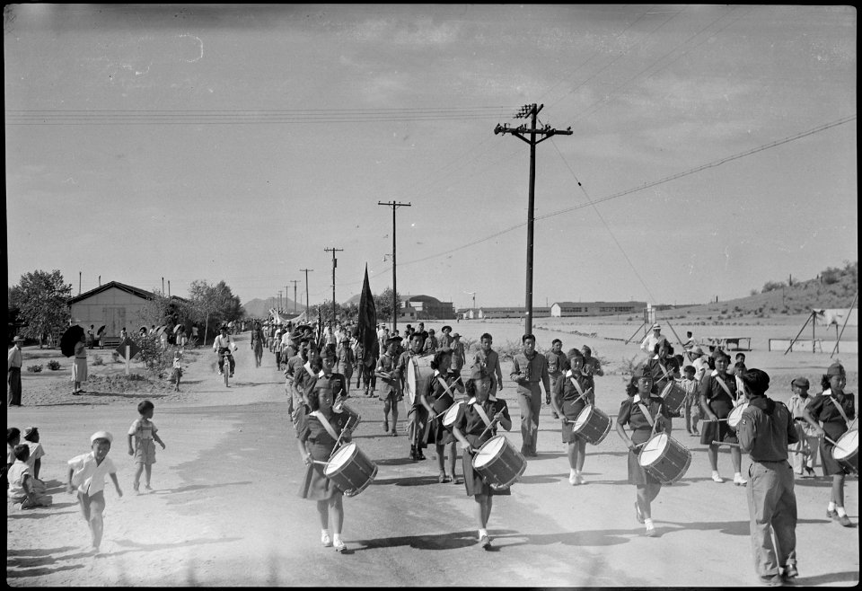 Gila River Relocation Center, Rivers, Arizona. Girl Scouts Drum and Bugle Corp. participate in the . . . - NARA - 539573