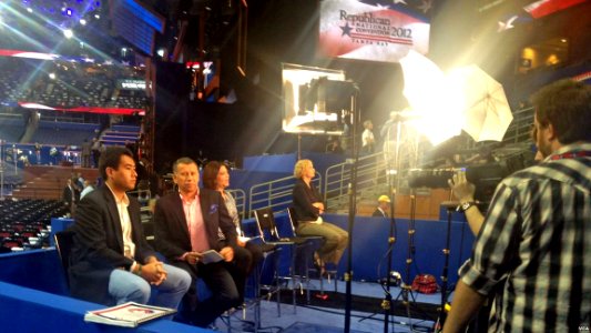 Gilberto Cabrera from the Spanish Service on VOA's standup platform at the Republican Convention in Tampa as he waits to do a live shot with a VOA affiliate in Latin America