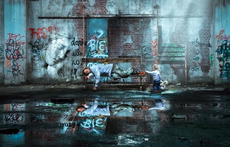 Dirty abandoned building homeless man