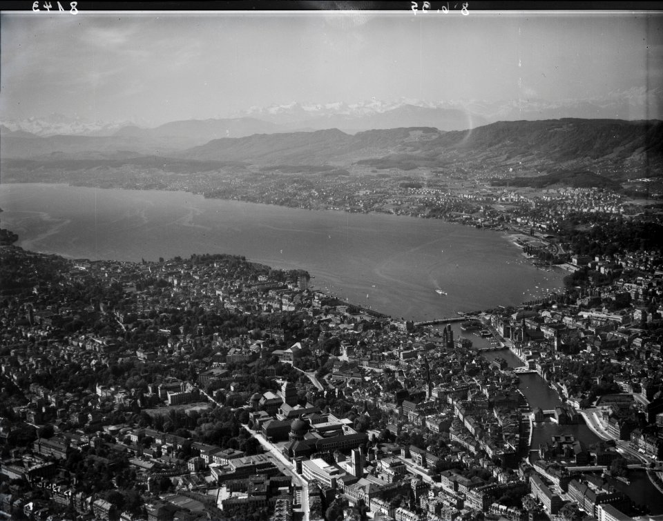 ETH-BIB-Zürich mit See, Hochschulquartier, Zürichhorn, Strandbad-Inlandflüge-LBS MH01-008143