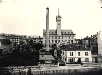 ETH-BIB-Zürich, ETH Zürich, altes Maschinenlaboratorium, Fassade West und Hochkamin-Ans 00115
