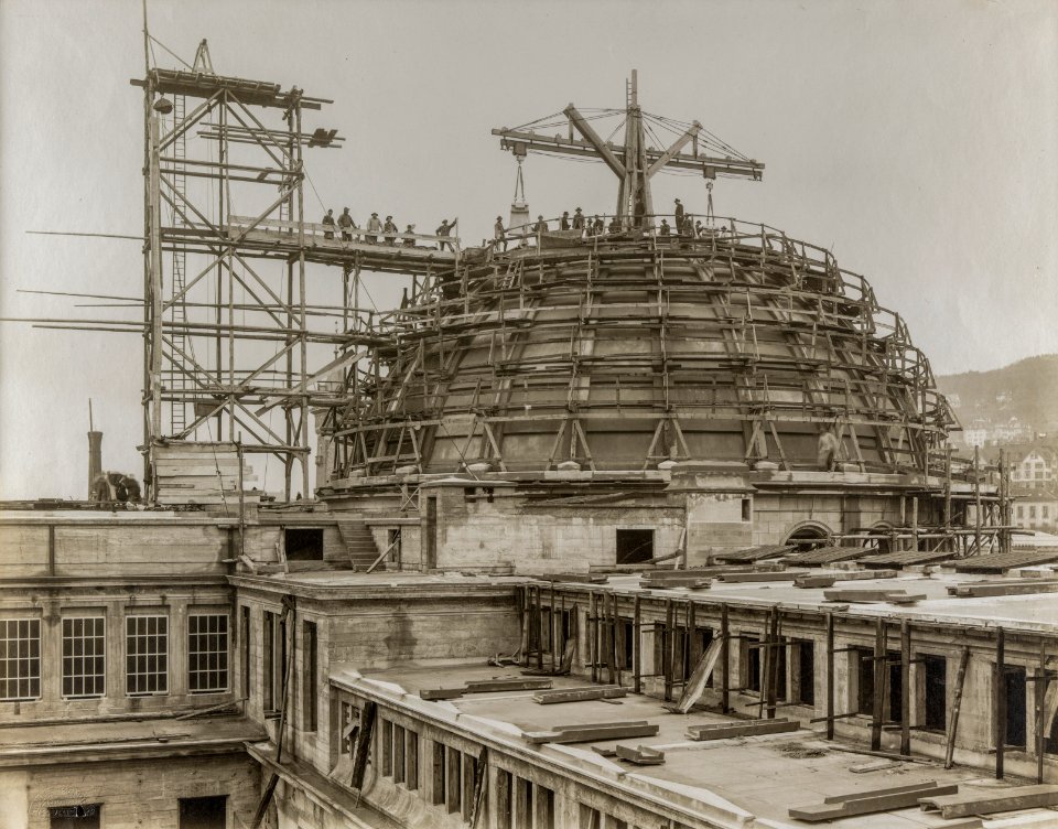 ETH-BIB-Zürich, ETH Zürich, Hauptgebäude (HG), Kuppel im Bau mit Drehkran-Ans 00420