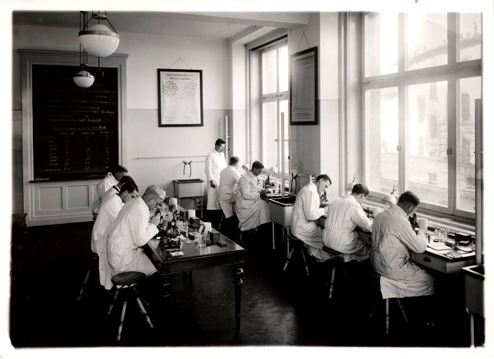 ETH-BIB-Zürich, ETH Zürich, Land- und Forstwirtschaftliches Institut, Westbau (LFW), landwirtschaftlich-bakteriologisches Institut, Mikroskopiersaal-Portrait-Portr 10515