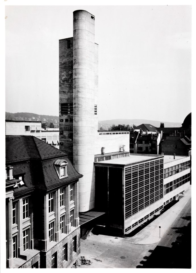 ETH-BIB-Zürich, ETH Zürich, Maschinenlaboratorium (ML), Fernheizkraftwerk (FHK), Hochkamin mit Kesselhaus und Textilmaschinenlaboratorium-Ans 00015