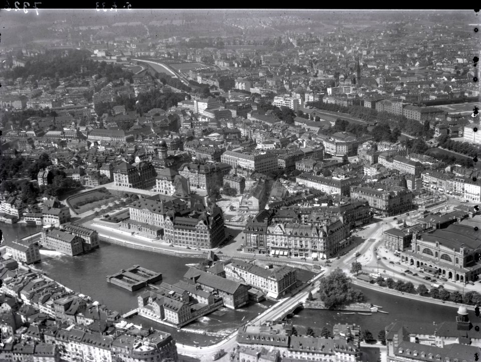 ETH-BIB-Zürich-City, Bahnhofbrücke, Globus, Kaserne-Inlandflüge-LBS MH01-007326