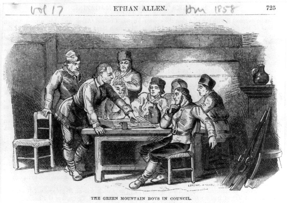 Ethan Allen, 1738-1789, full-length portrait, standing, before the Green Mountain Boays in Council, examining map LCCN2005688179