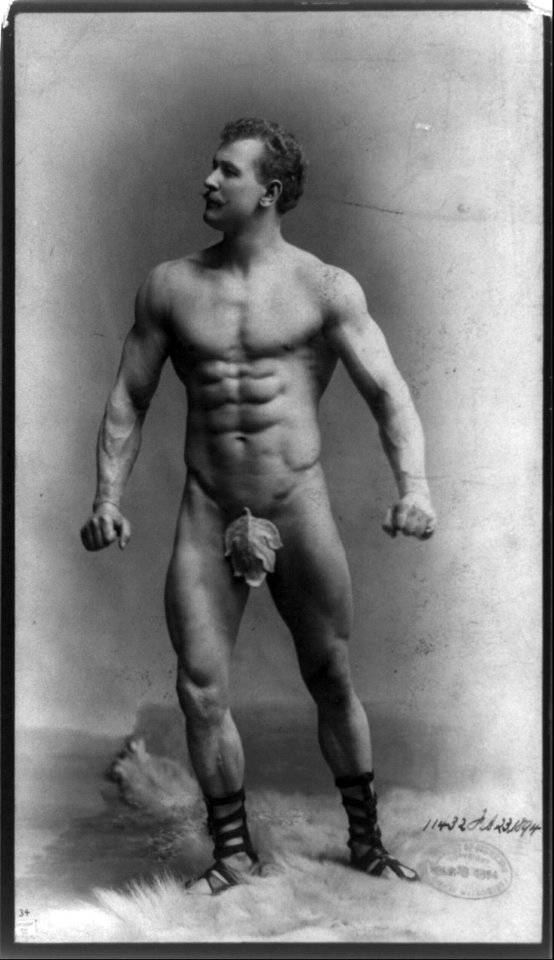 Eugen Sandow, full-length portrait, standing facing left, wearing fig leaf LCCN91789066
