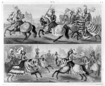 European body armor- fig. 1 Full armor of Emperor Maximilian; fig. 2 Full armor of King Henry VIII; fig. 3 & 4 English and German knights; fig. 5 Squires; fig. 6 & 7 Engl. & Ger. knights in LCCN2006679888