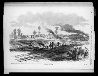 Evacuation of Corinth, Mississippi, lately held by the rebel General Beauregard - Burning of stations, warehouses and supplies - Entry of National troops - from a sketch by our special LCCN2003652570