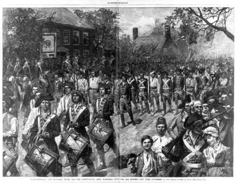 Evacuation day-100 yrs. ago - the Continental army marching down the Old Bowery, N.Y. Nov. 25, 1783 LCCN2006683521