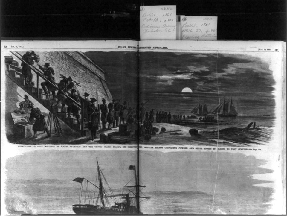 Evacuation of Fort Moultrie by Major Anderson and the United States troops, on Christmas night, 1860 - the troops conveying powder and other stores in sloop to Fort Sumpter (sic) LCCN99614096