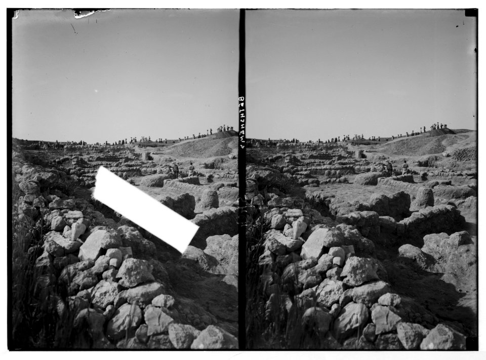 Excavations. Ain Shems (Beth Shemesh) on the Sharon Plain. Beth Shemesh. Section of excavated area. Workers on distant horizon LOC matpc.03003