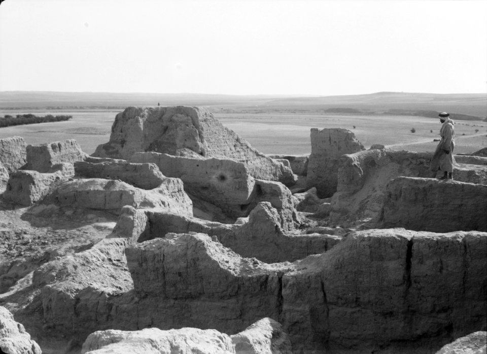 Excavations. Wady Ghazzeh (south of Gaza). Wady Ghazzeh mounds. Excavated section looking toward the open valley and the sea LOC matpc.15679