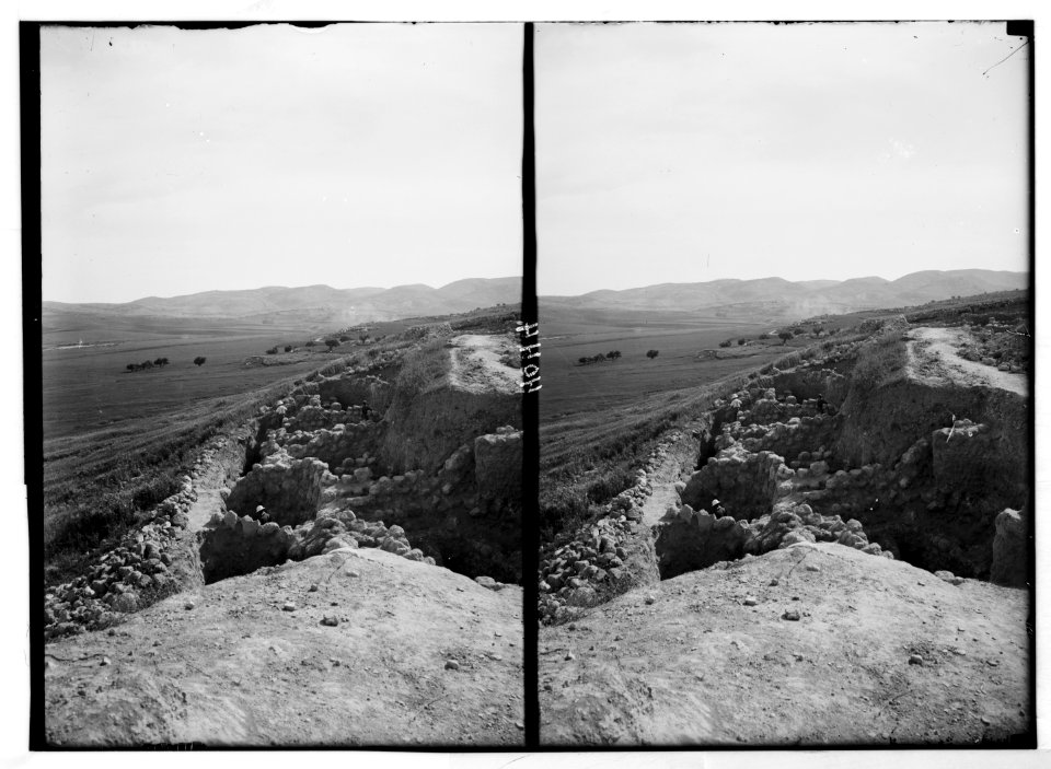 Excavations. Ain Shems (Beth Shemesh) on the Sharon Plain. Beth Shemesh. Section of the north wall. Valley of Sorek on the left. Judaean Hills in the distance LOC matpc.03002