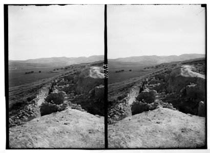 Excavations. Ain Shems (Beth Shemesh) on the Sharon Plain. Beth Shemesh. Section of the north wall. Valley of Sorek on the left. Judaean Hills in the distance LOC matpc.03002