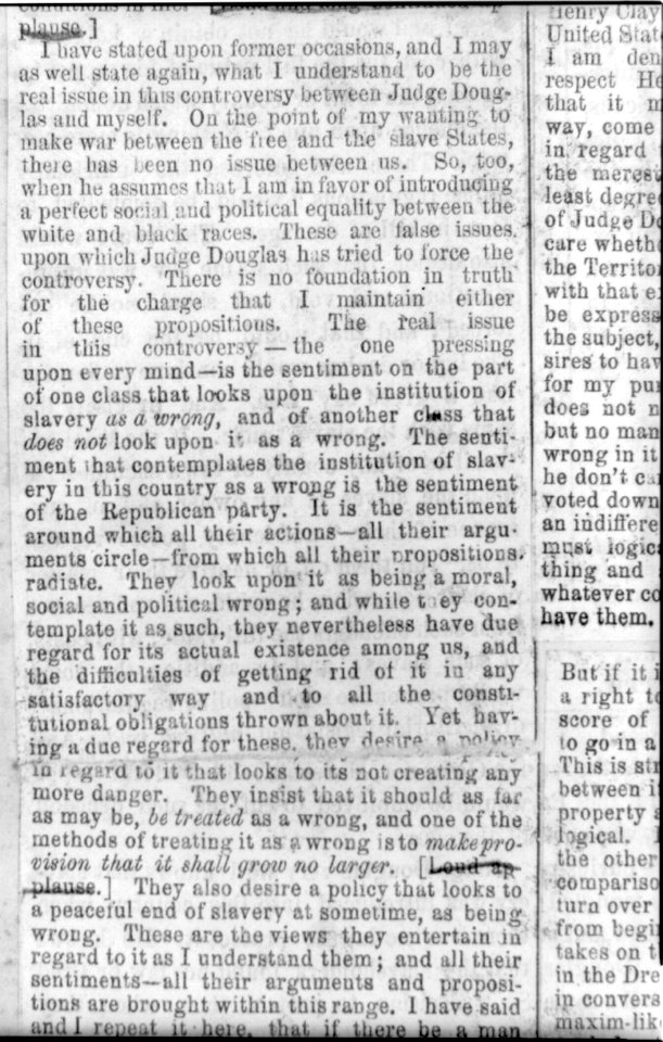 Excerpt of Lincoln's speech, final debate with Stephen A. Douglas from Abraham Lincoln's scrapbook of the Illinois political campaign of 1858 LCCN2004665685