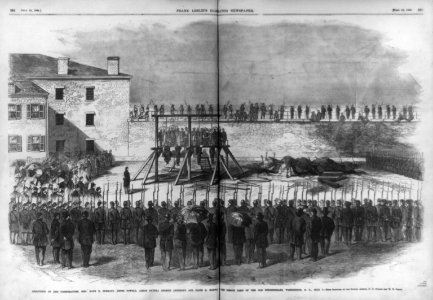Execution of the conspirators, Mrs. Mary E. Surratt, Lewis Powell, (Alias Payne) George Ahzerodt and David E. Harold . . . the prison yard of the old penitentiary, Washington, D.C. July 7 LCCN99614003