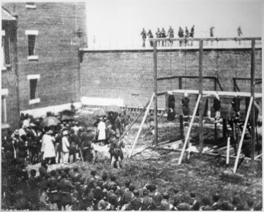 Execution of the four persons condemned as conspirators, Mary Surratt, Lewis Powell, David Herold, and George Atzerodt., - NARA - 530503