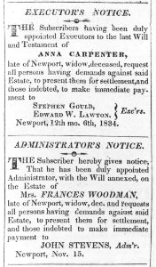 Executor's notice for will of Anna Carpenter and administrator's notice for estate of Mrs. Frances Woodman LCCN2002719616