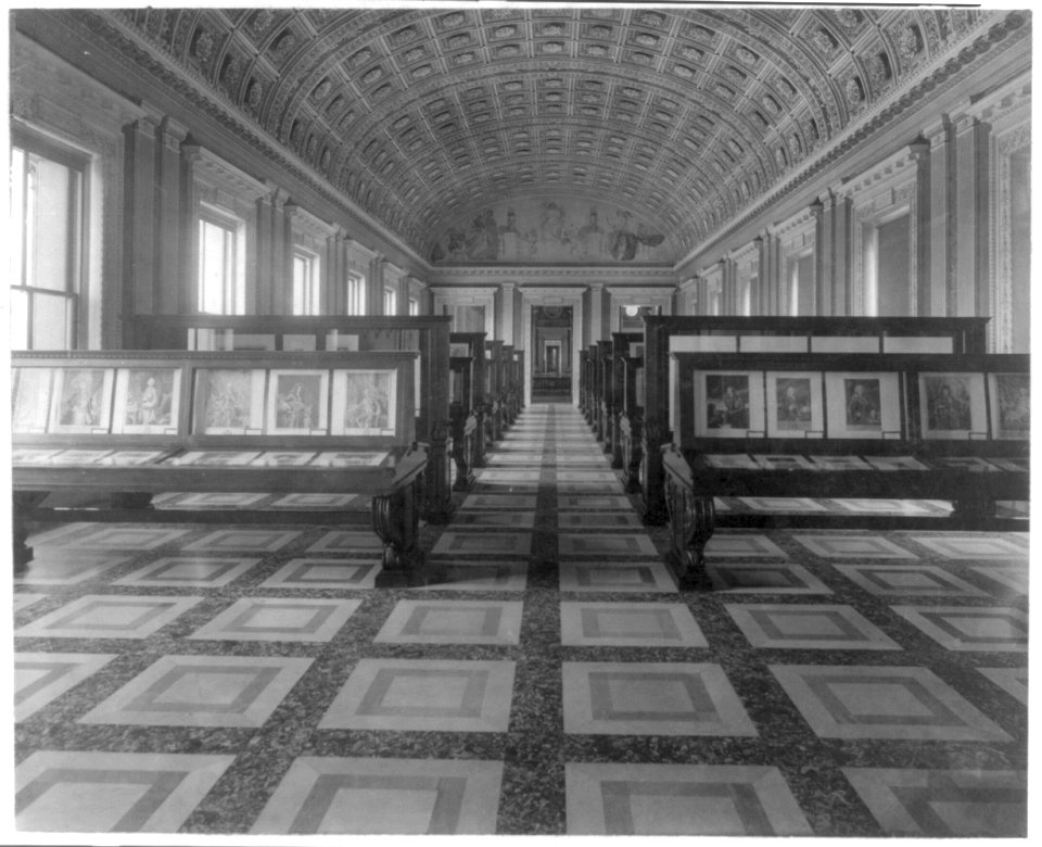 Exhibit area, second floor, southwest gallery, Library of Congress, looking towards mural called The Arts LCCN2005684482