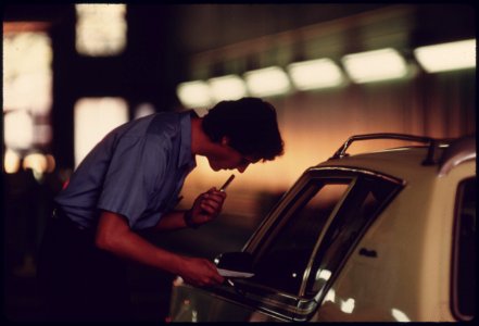 Exhaust Analyzer Is Used to Test for Carbon Monoxide and Hydrocarbons Coming From This Car's Tailpipe at an Auto Emission Inspection Station in Norwood, Ohio...09-1975 (4265784999)