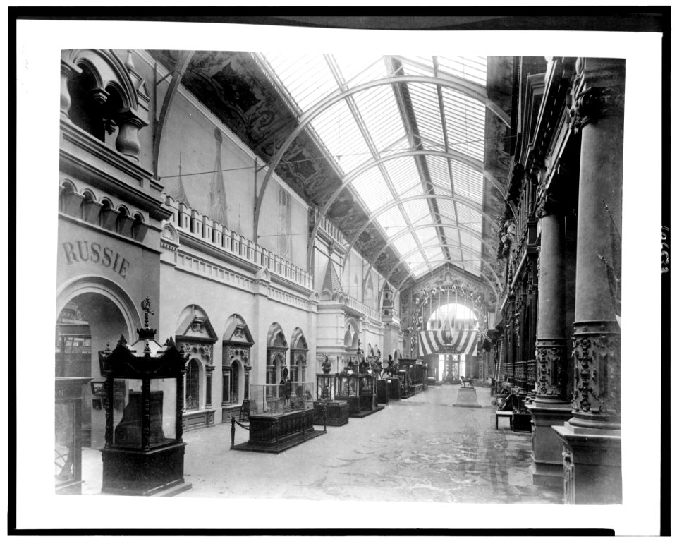 Exhibits in the Palace of Diverse Industries looking toward the Empire of Japan exhibit, with the Russian exhibit hall to the left, Paris Exposition, 1889 LCCN92520507