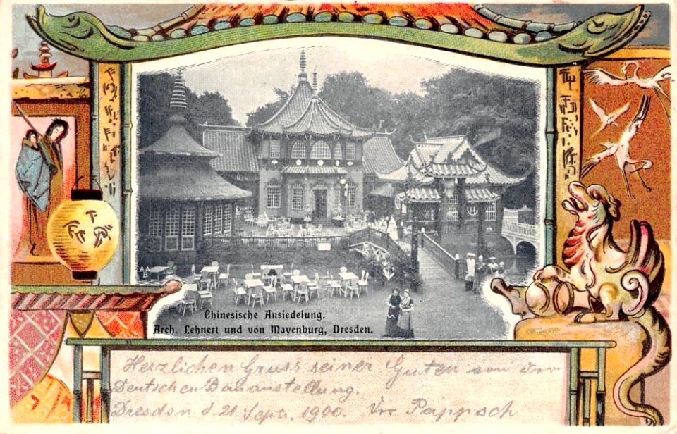 Exposición de construcción en Alemana pabellón de China postal bella época Dresde