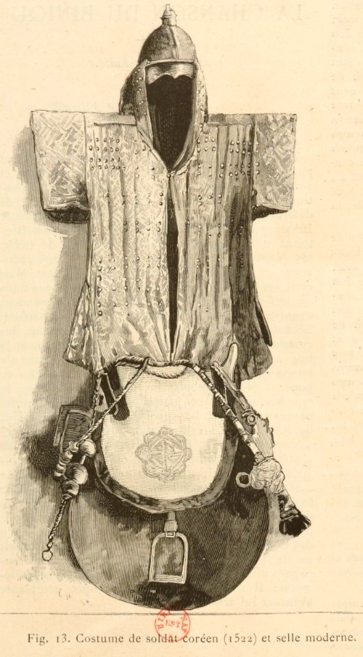 Exposition objets coréens, Le Monde Illustré - 17 - Costume de soldat coréen de 1522 et selle moderne