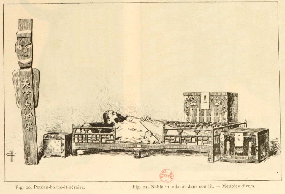 Exposition objets coréens, Le Monde Illustré - 04 - Poteau-borne-itinéraire et noble mandarin dans son lit