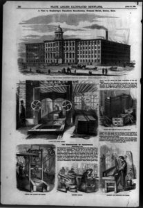 Exterior view of Messers. Chickering's Pianoforte Manufactory and 5 views of operations inside, Tremont Street, Boston, Mass. LCCN99614113