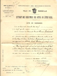 Extrait acte de naissance et premier mariage Edmond Guiraud