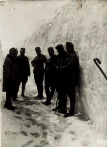 Exzellenz Roth mit Offizieren zwischen Schneewänden am Stilfser Joch. (BildID 15580792)