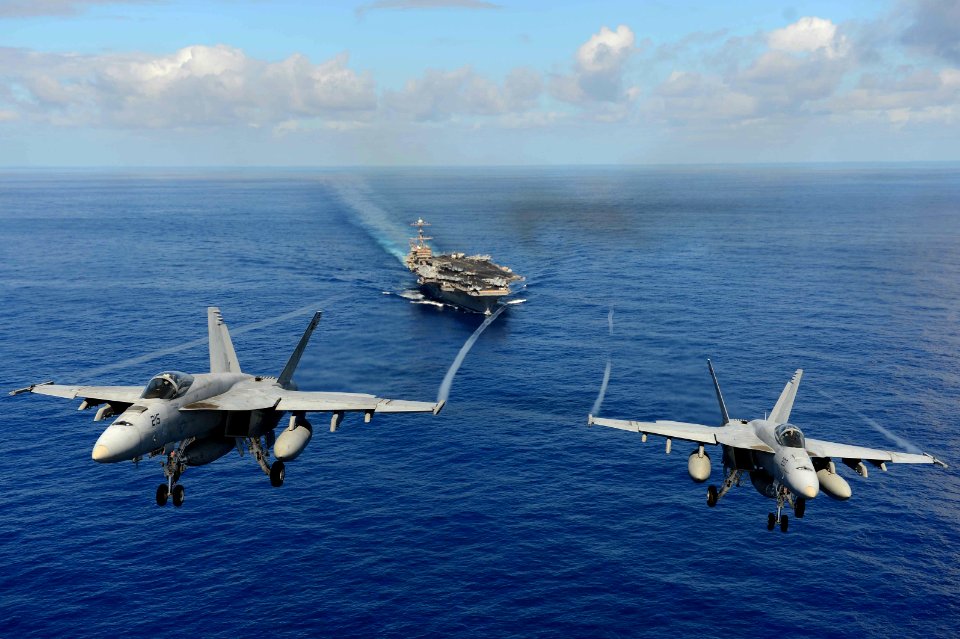 F A-18 Hornets demonstrate air power. (8684252916)