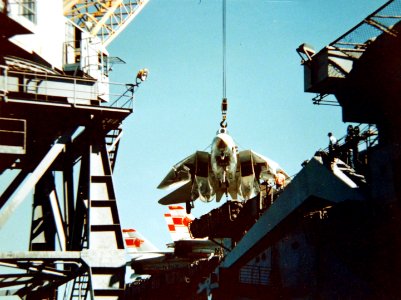 F-14A being loaded pier-side on board the USS Enterprise (CVAN-65)