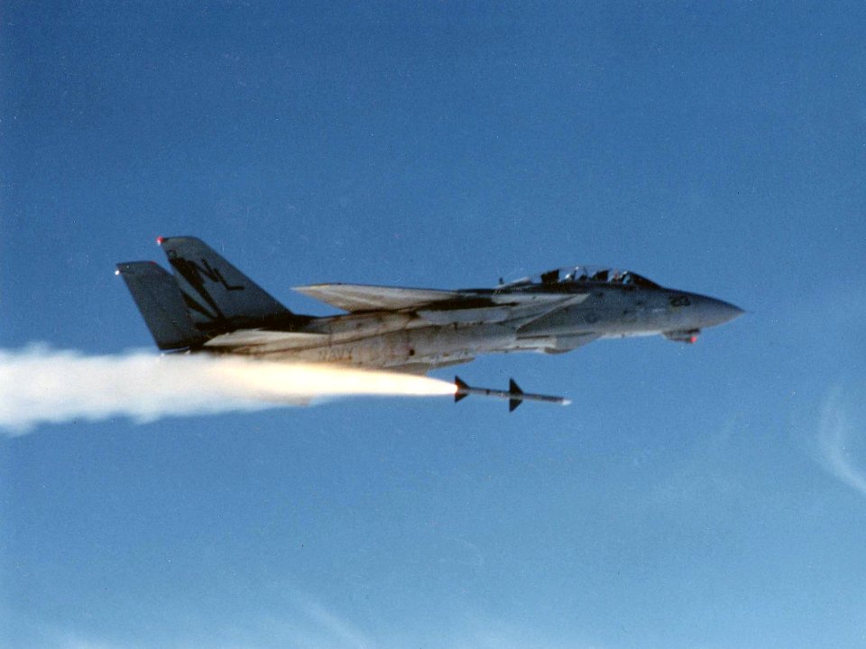F-14A Tomcat of VF-111 launches AIM-7M in February 1991