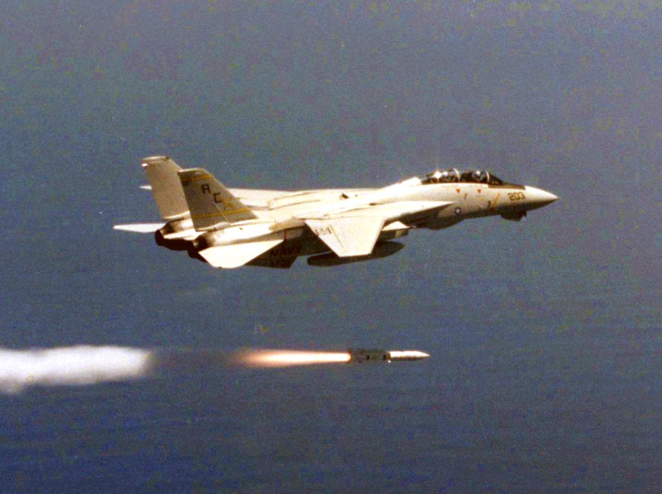 F-14A Tomcat of VF-32 fires AIM-54 Phoenix missile, circa 1989 (NNAM.1996.488.256.022)