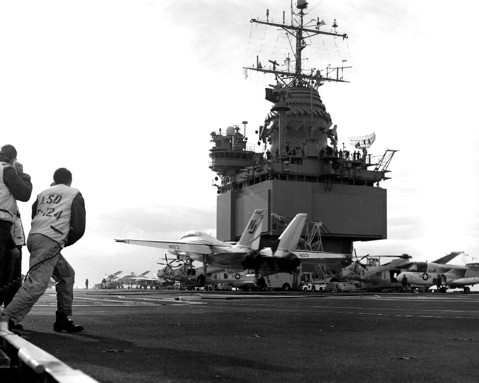 F-14A of VF-124 landing on USS Enterprise (CVN-65) in 1978