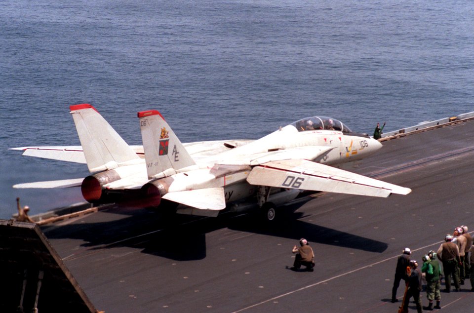 F-14A of VF-11 is launched from USS Forrestal (CV-59) in July 1988