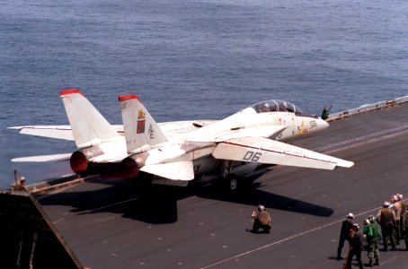 F-14A of VF-11 is launched from USS Forrestal (CV-59) in July 1988