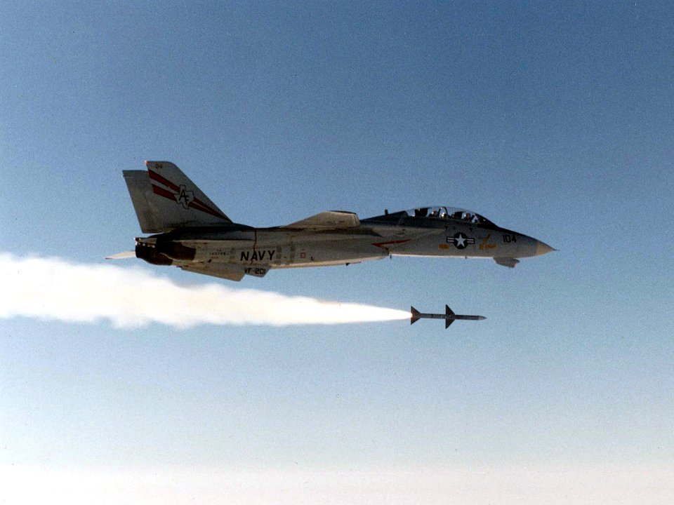 F-14A Tomcat of VF-201 launches AIM-7M c1987