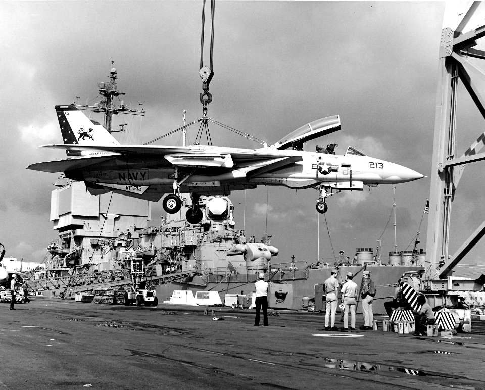 F-14A Tomcat of VF-213 on crane at NAS North Island 1977