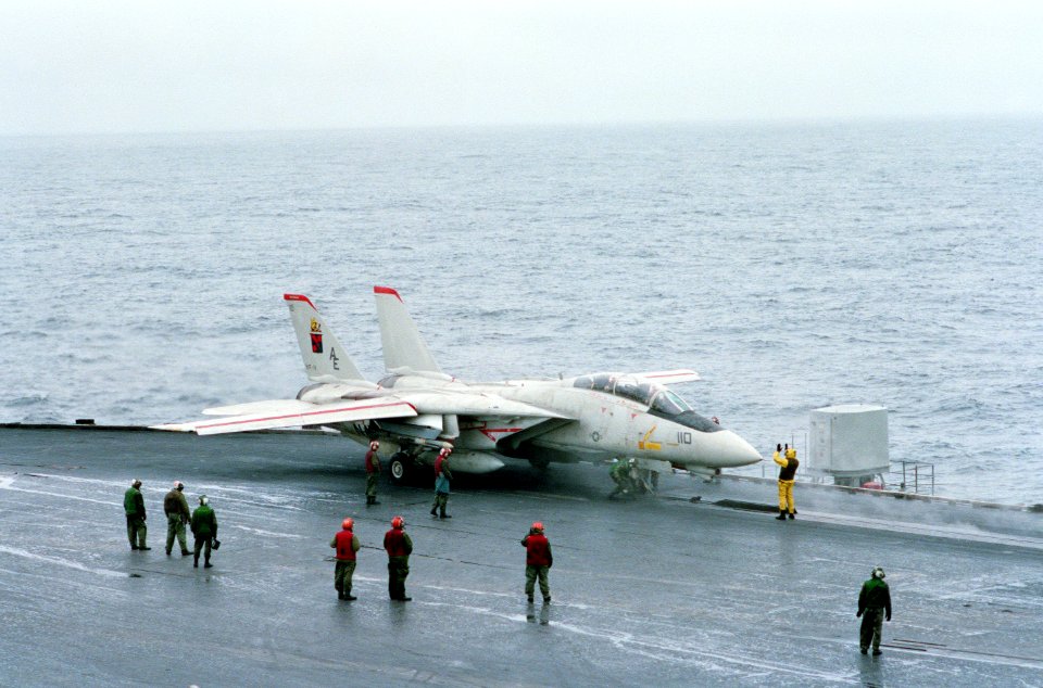 F-14A of VF-11 on catapult of USS Forrestal (CV-59) in 1988