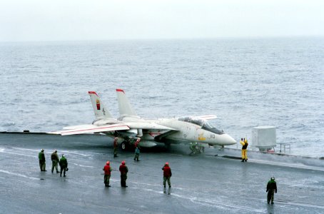 F-14A of VF-11 on catapult of USS Forrestal (CV-59) in 1988