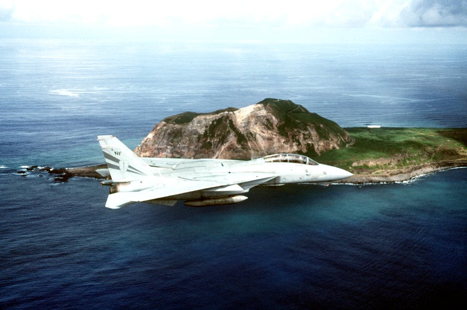F-14A Tomcat of VF-154 over Mt Suribachi in 1994
