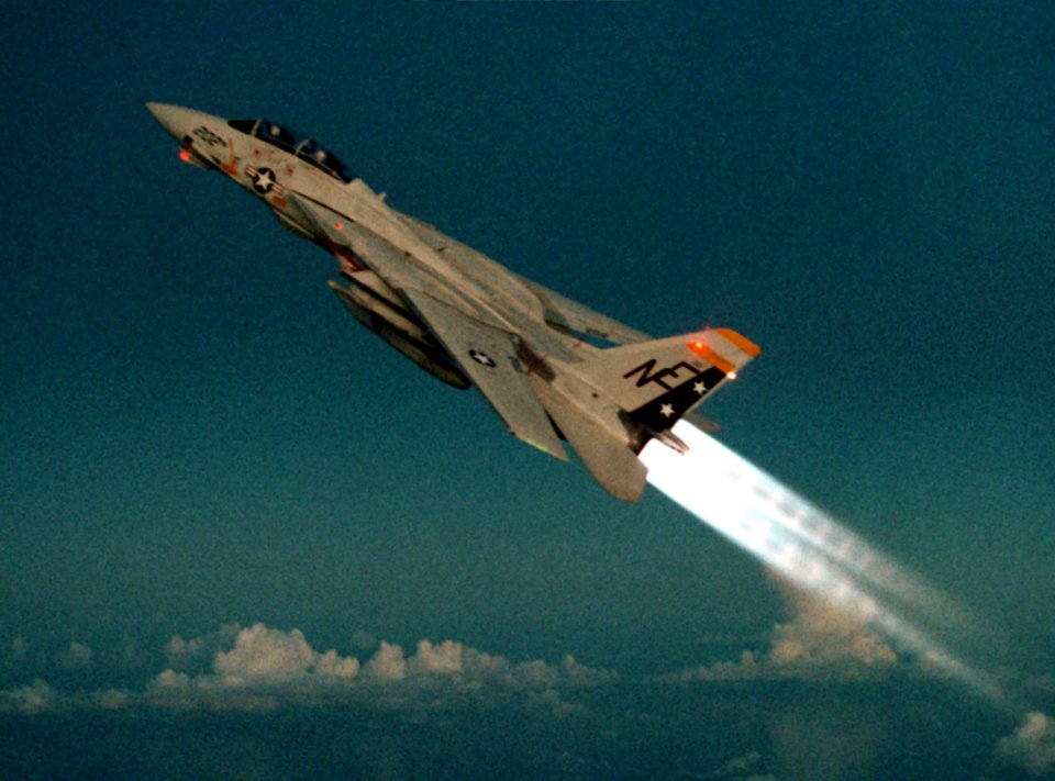 F-14A VF-2 climbs with afterburners 1989