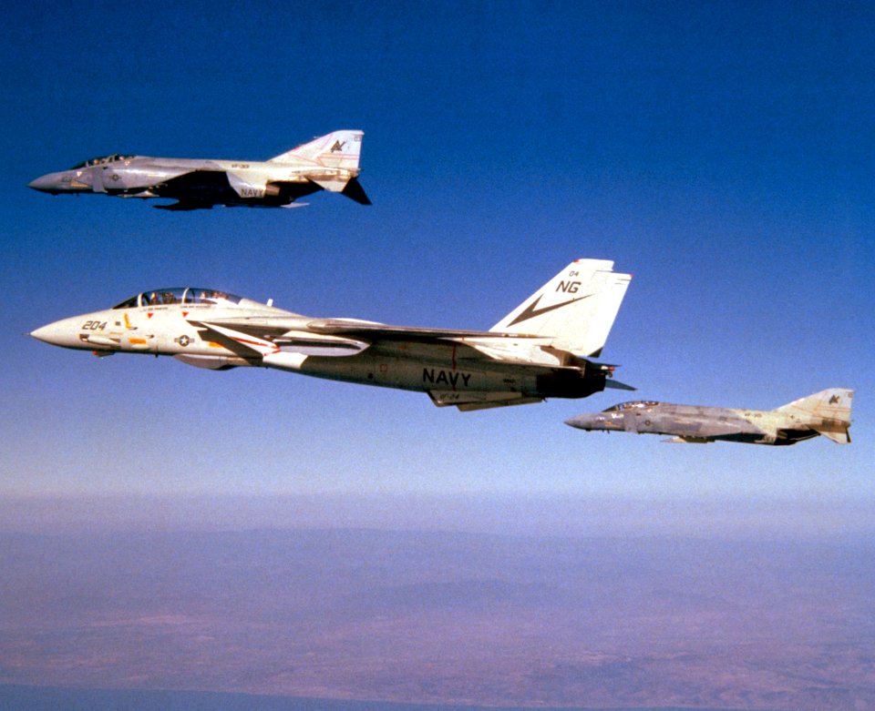 F-14A VF-24 in flight with F-4S VF-301 1986