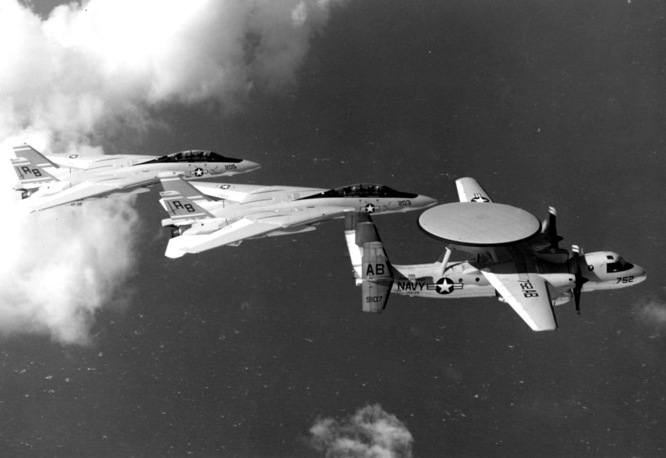 F-14A VF-32 and VAW-125 E-2C in flight c1975