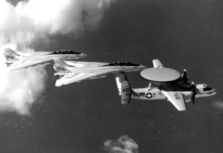 F-14A VF-32 and VAW-125 E-2C in flight c1975